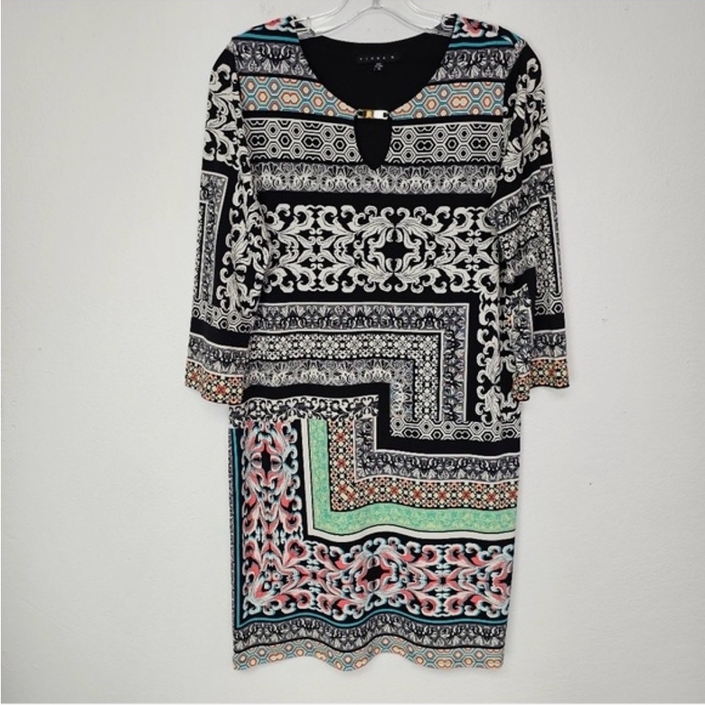 Tiana B. Midi Patterned Dress 3/4 Length Sleeves Multi Color Size Large Gold Acc
